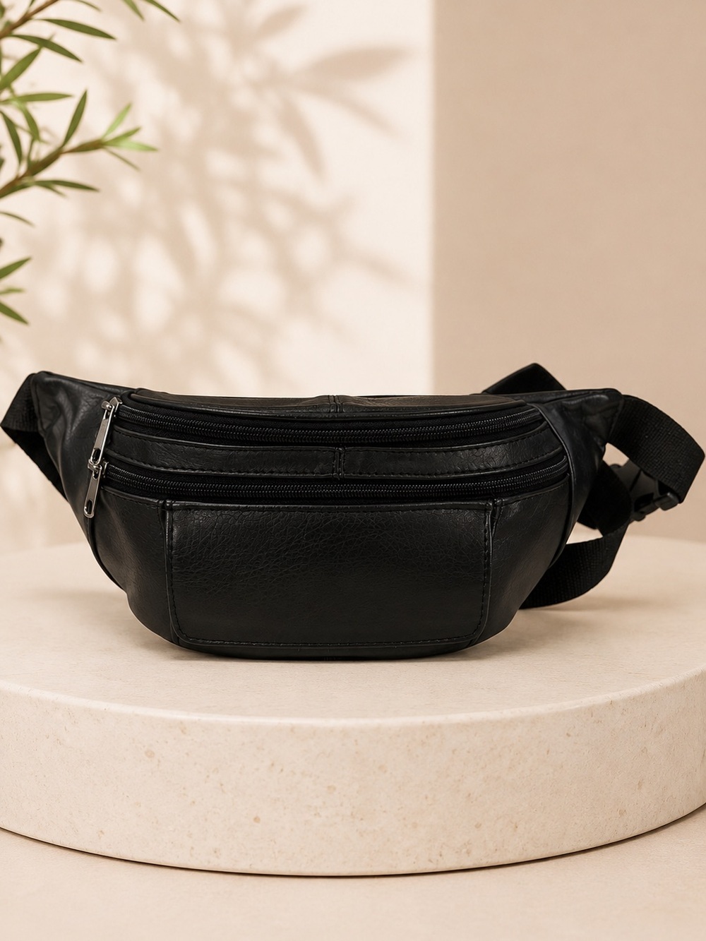 Genuine Leather Black Fanny Pack Belt Bag Crossbody Waist Pack Multi Zip Travel